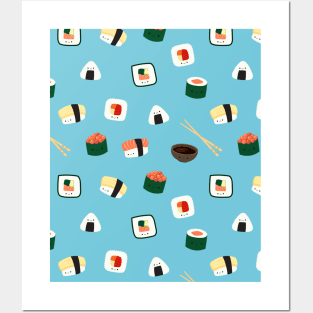 Kawaii sushi pattern blue happy nigiri salmon Posters and Art